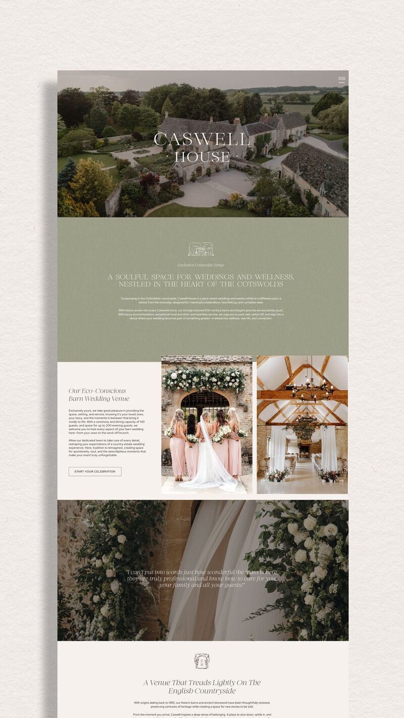 Full-length website mockup of Caswell House design on cream background