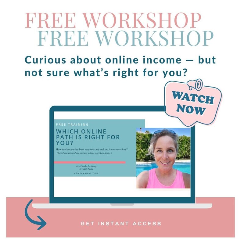 Mockup of a laptop screen showing the “Which Online Path Is Right for You?” free workshop with Claudia smiling — inviting you to watch it now and start exploring online income options.