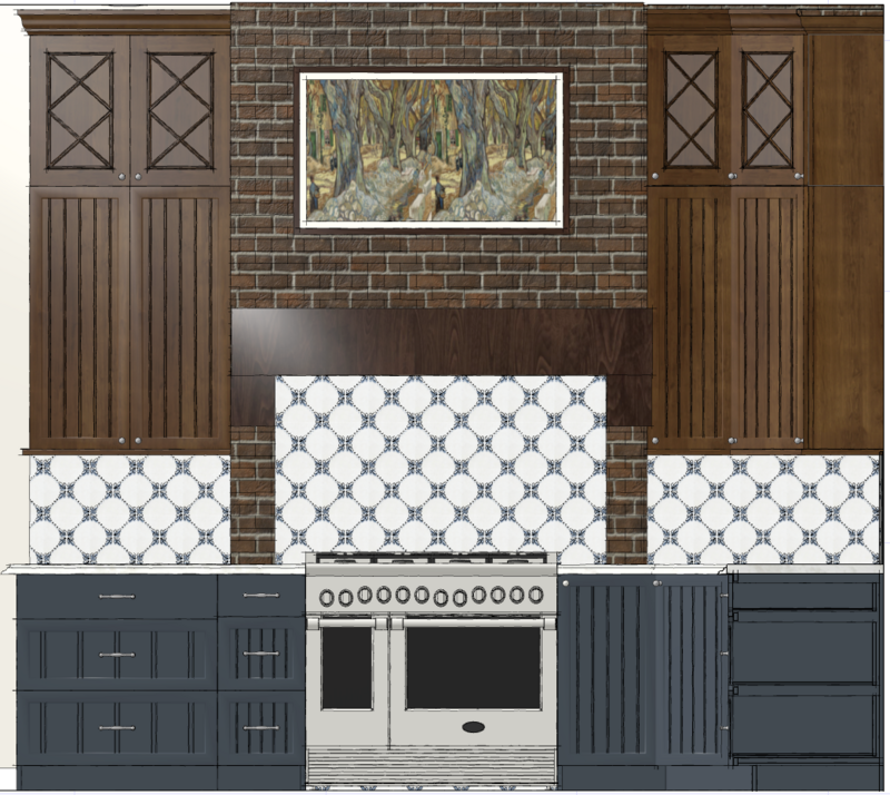 french manor home kitchen elevation. brick mantel hood. cape charles interior designer. ex-pat interior design. agen'd aveyron designer. 