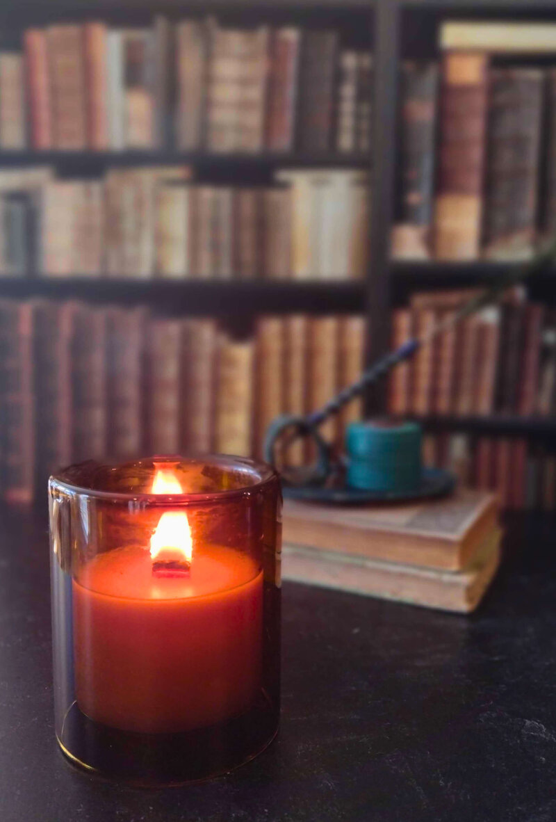 pumpkin and persimmon fall lux non-toxic soy candle with books