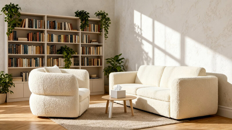 A cozy living room featuring a couch, chair, and table, designed for a therapist's practice in New York.