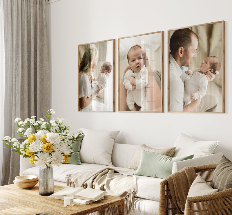 framed wall art in living room of newborn session