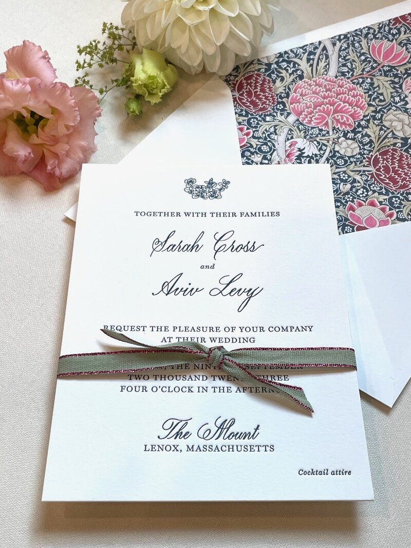 Custom wedding invitation with calligraphy and letterpress and a custom liner