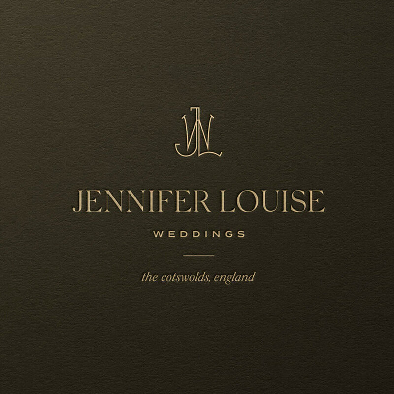 Gold logo design for Jennifer Louise Weddings on deep green textured background