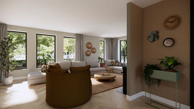 woonkamer in lichte materialen, scandinavisch mininlisme. Maatwerk kasten gemaakt van natuurlijke materialen