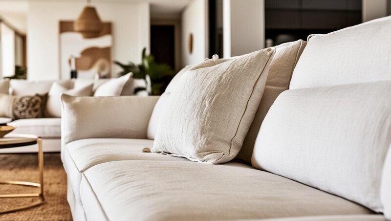 A close-up of a French linen relaxed sofa in a contemporary Australian living room, complemented by a brass-legged coffee table, curated artwork, verdant greenery, and a rattan ceiling pendant, creating an atmosphere of relaxed sophistication.