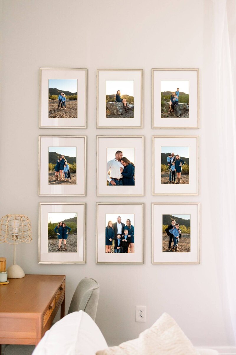 tiled, matted, framed prints on wall9 matted, framed prints with maternity portraits by Cactus & Pine Photography hanging in square shape on office wall over desk 