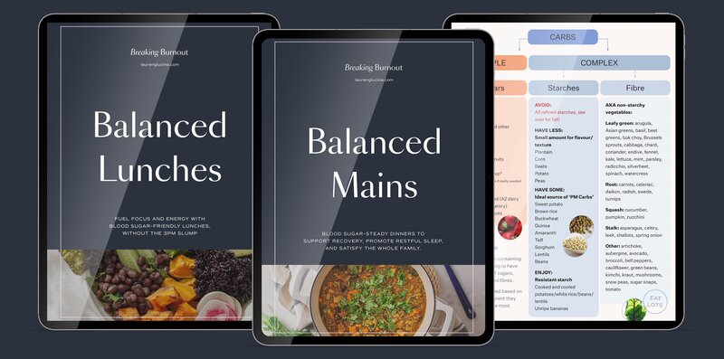 3 tablets showcasing the Breaking Burnout recipe ebooks.