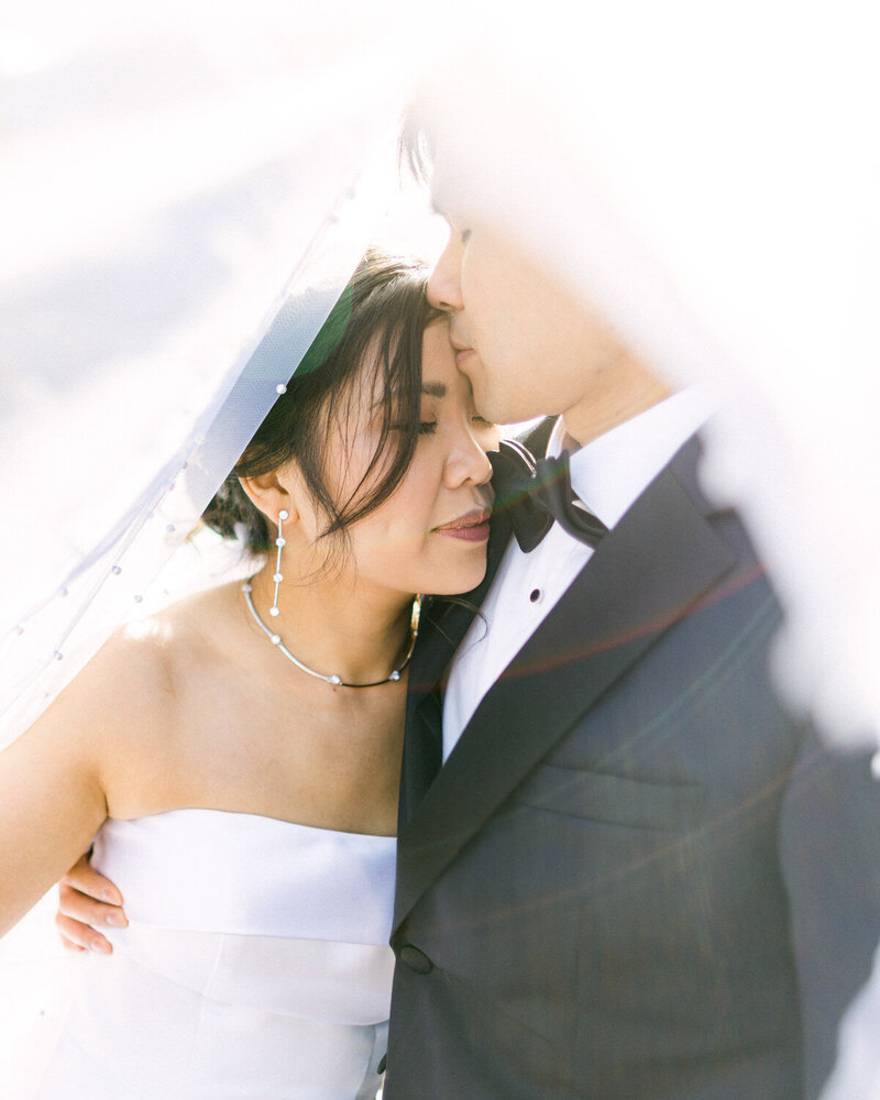 This beautiful photograph captures the bride and groom at The Commons in Calgary, highlighting the venue’s unique charm and elegance on their special day.