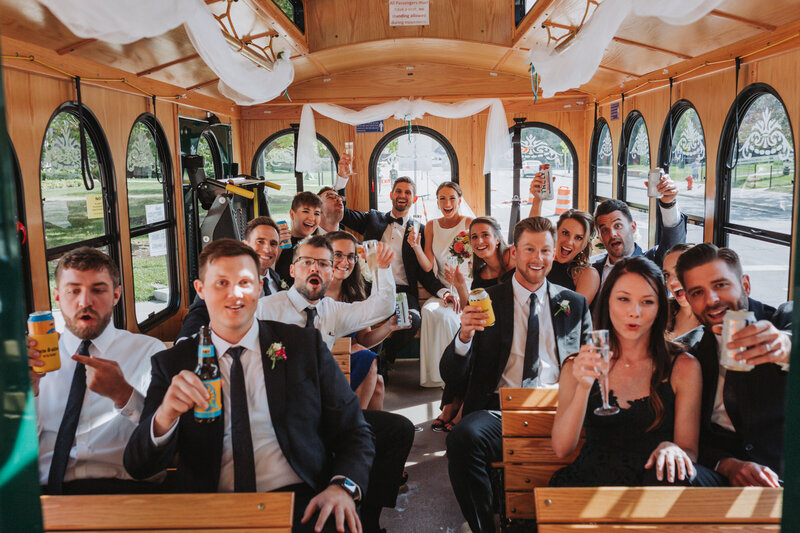 Bridal party on their party bus/trolley