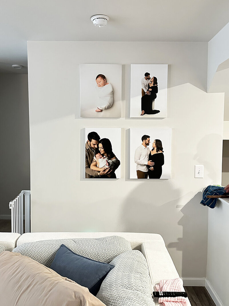 Maternity and newborn canvas portraits delivered and installed in clients home. in a 4 image collage format