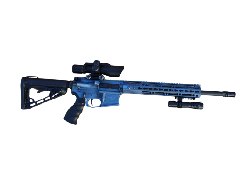 Blue gun with custom work by 501 Laser Engraving and Cerakoting.