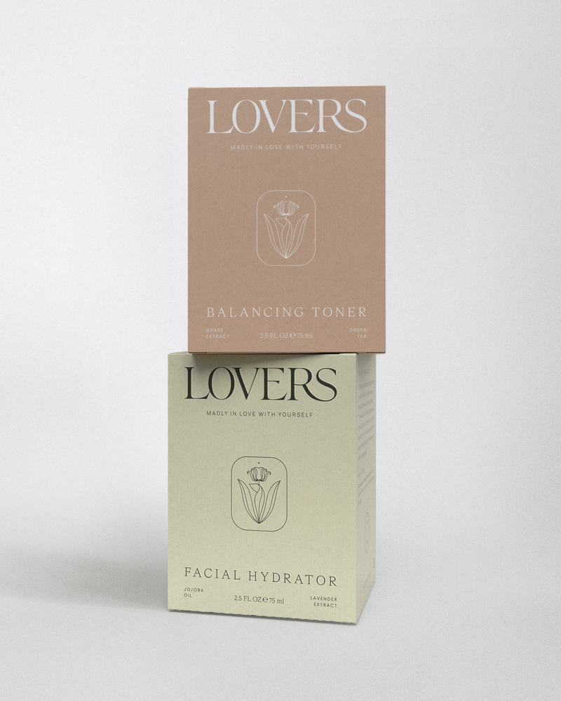 Lovers is a holistic beauty brand centered on self-care and spirituality. The brand identity embraces a geometric tulip logo mark, symbolizing balance and connection, which is reflected in its box proportions and overall design aesthetic. With a gentle philosophy that inspires harmony and divine beauty, Lovers offers luxurious skincare products that celebrate the journey of self-love.