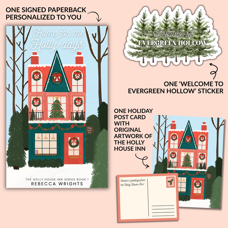 Image showing the book Home for the Holly Days along with sticker and postcard included in purchase