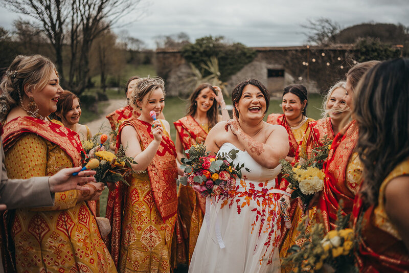 Bride and Bridesmaids in sunshine