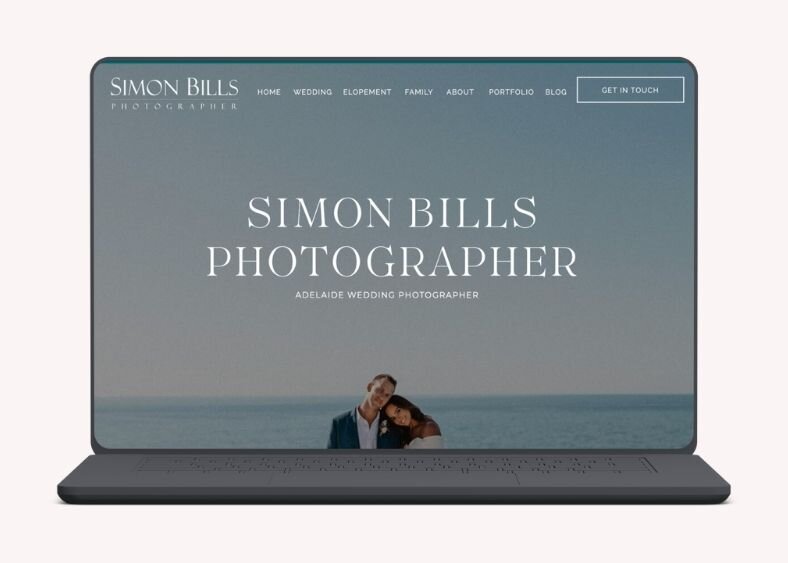 Website homepage for Simon Bills, Adelaide wedding photographer, with coastal background image.