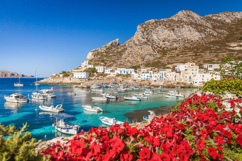 Coastal village with white buildings and boats in a turquoise bay, surrounded by rocky hills and red flowers in the foreground.