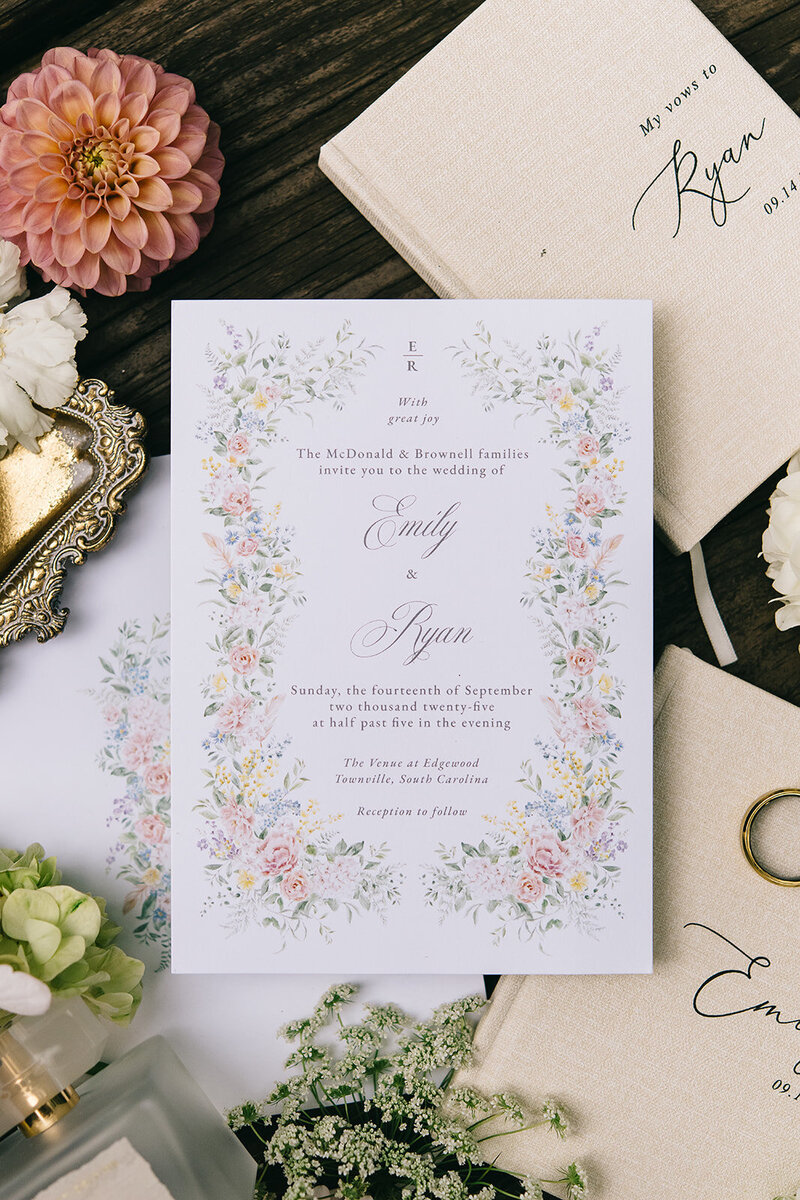 Wedding invitation flatlay at Greenville SC wedding