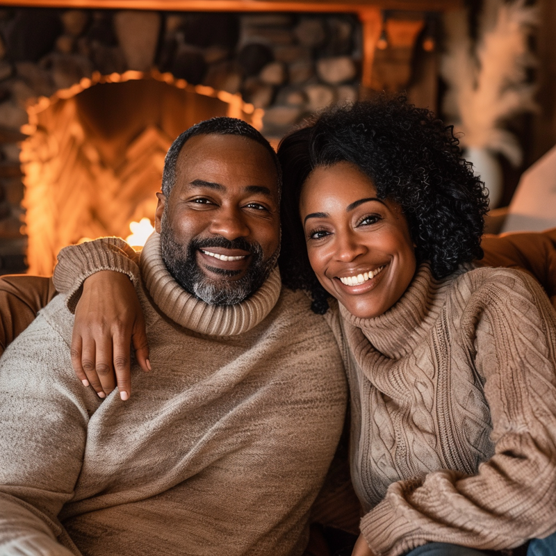 black couple sat by fire