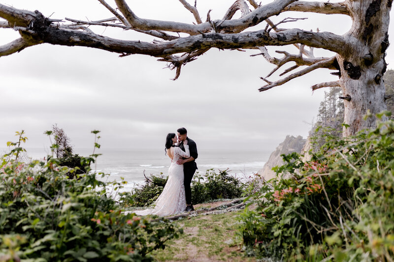 bride and groom on coast