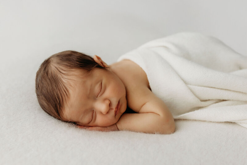 A newborn baby lays peacefully sleeping on a soft and fuzzy blanket, inside a natural light Vancouver Washington studio