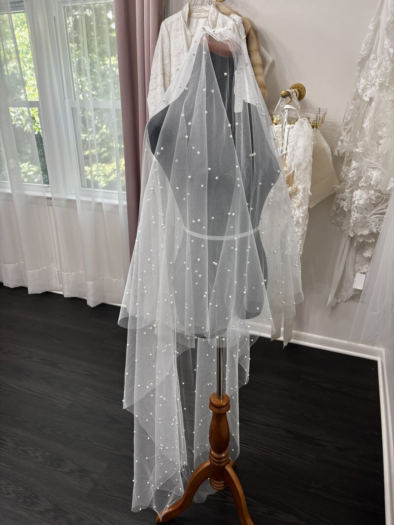 demelis Atelier Light Ivory Waltz Length Bridal Veil with Blusher & Pearls2