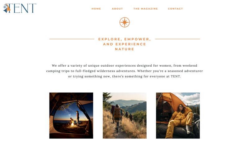 Tent services page sample highlighting minimalist layout with nature-inspired imagery and rugged outdoor themes.