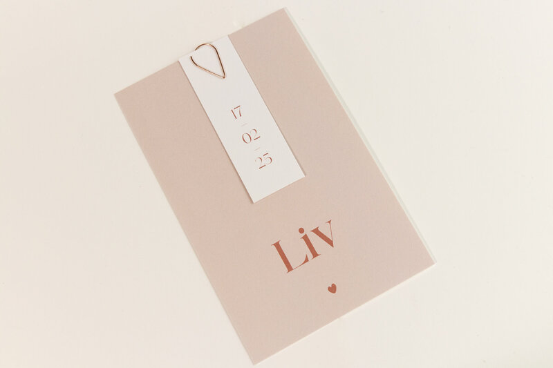 Geboortekaartje-Liv-oudroze-met-datumlabel-en-paperclip-3
