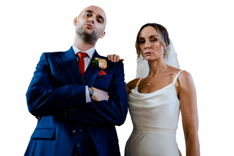 a vector file of a couple during their wedding at the mount without. groom has his arms cross and the bride has her hand on his shoulder. vogue like pose. 