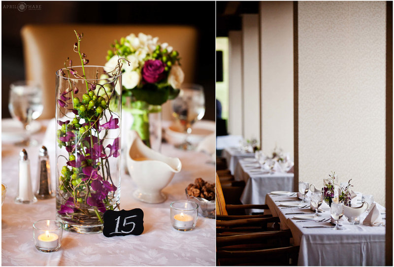 Centerpiece decor for a wedding reception at Sheraton Steamboat Resort Villas in Colorado