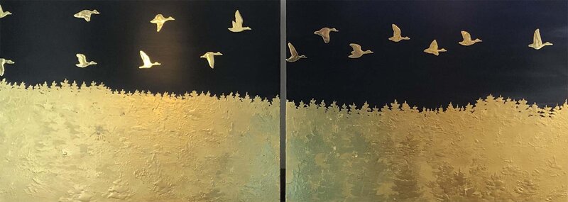 Fifteen on Black (Diptych) - Alan Shuptrine, 2022.  22KT Gold Leaf on Panel, 12 x 32.5 inches