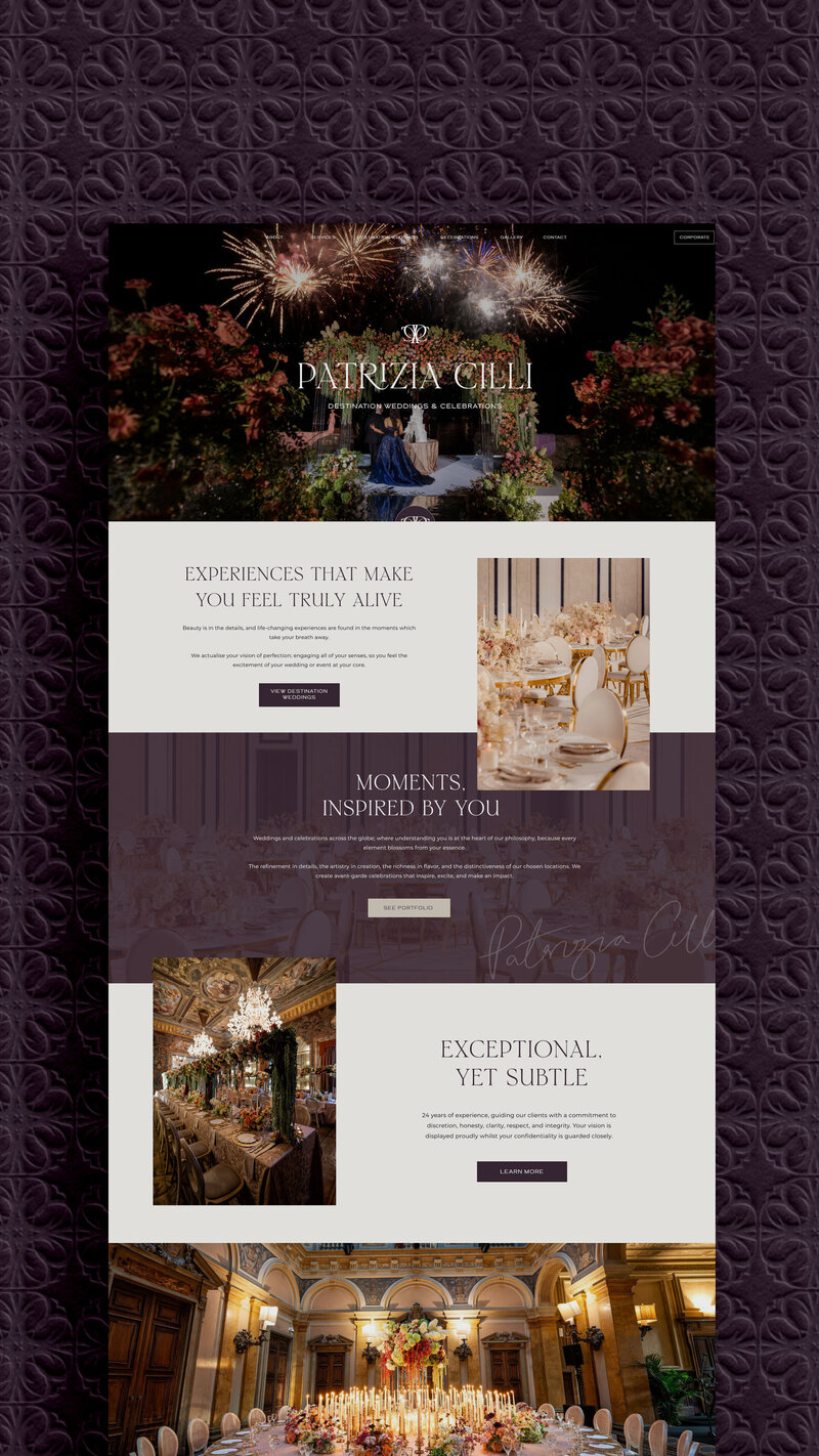 Long scroll mockup of the Patrizia Cilli Events website homepage showcasing luxury branding