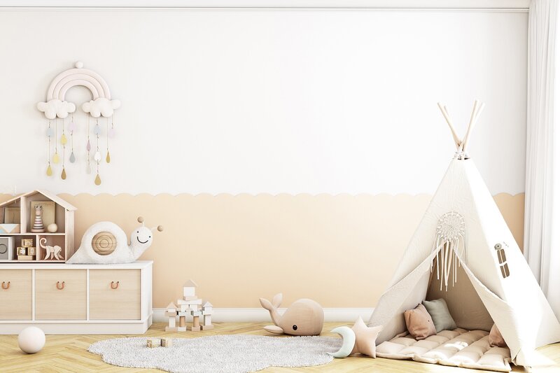 boho-baby-room-interior-background-white-wall-frame-art