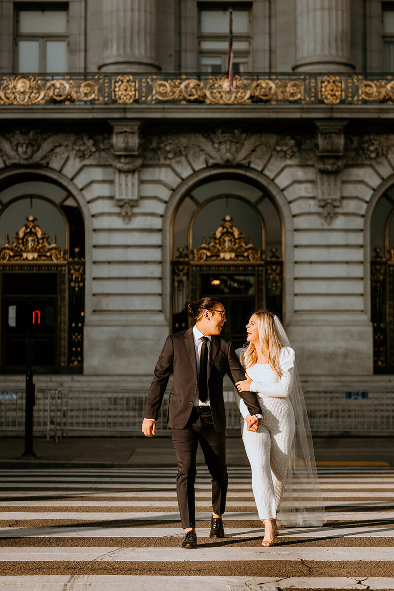 Bride and Groom sunrise portrait near San Francisco City Hall