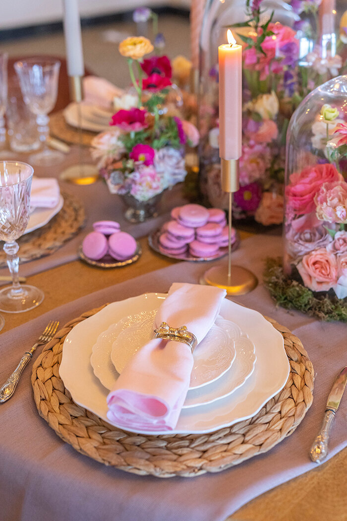 Lush, pink spring tablescape