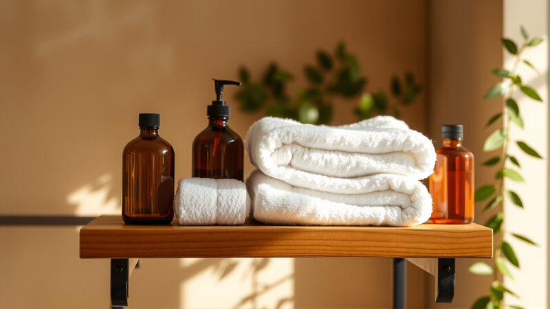 Spa setup with white towels and amber bottles on a wooden shelf with natural lighting