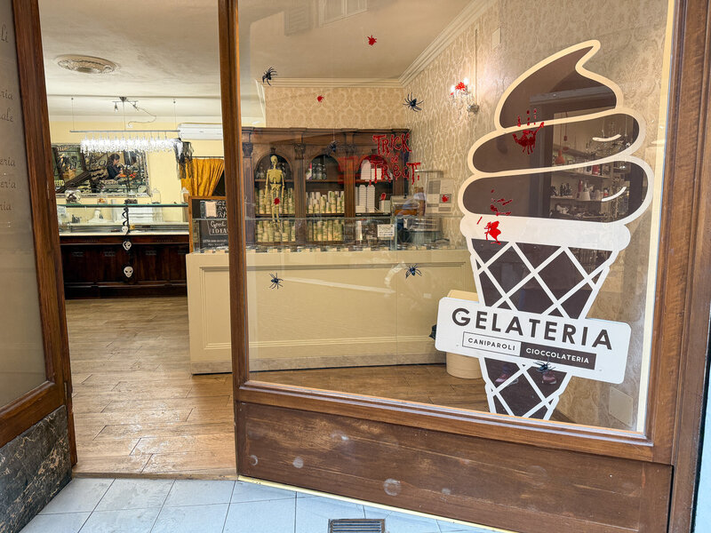 Inside the chocolate shop and gelateria in the city center in Lucca, Italy