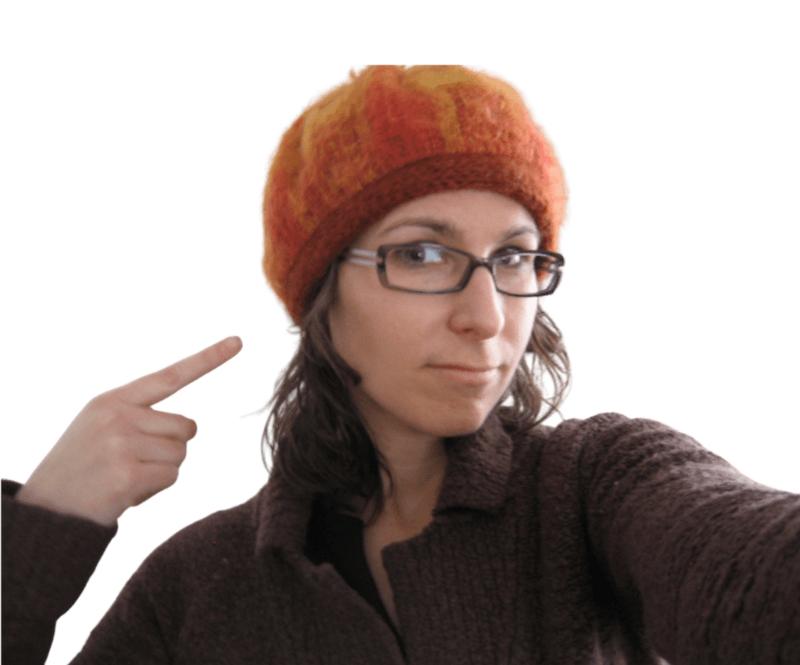 minneapolis architect marketer barbara gates points to orange hat on head