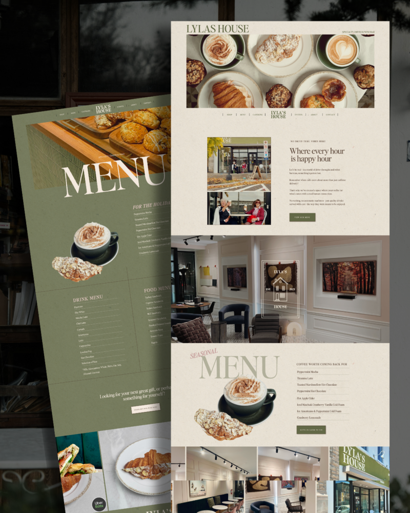 A set of website mockups featuring a coffee shop blog, highlighting SEO optimization and visually engaging monthly blogging strategies.