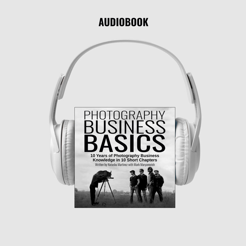 Photography Business Basics audiobook example with headphones purchase on square cover in black and white