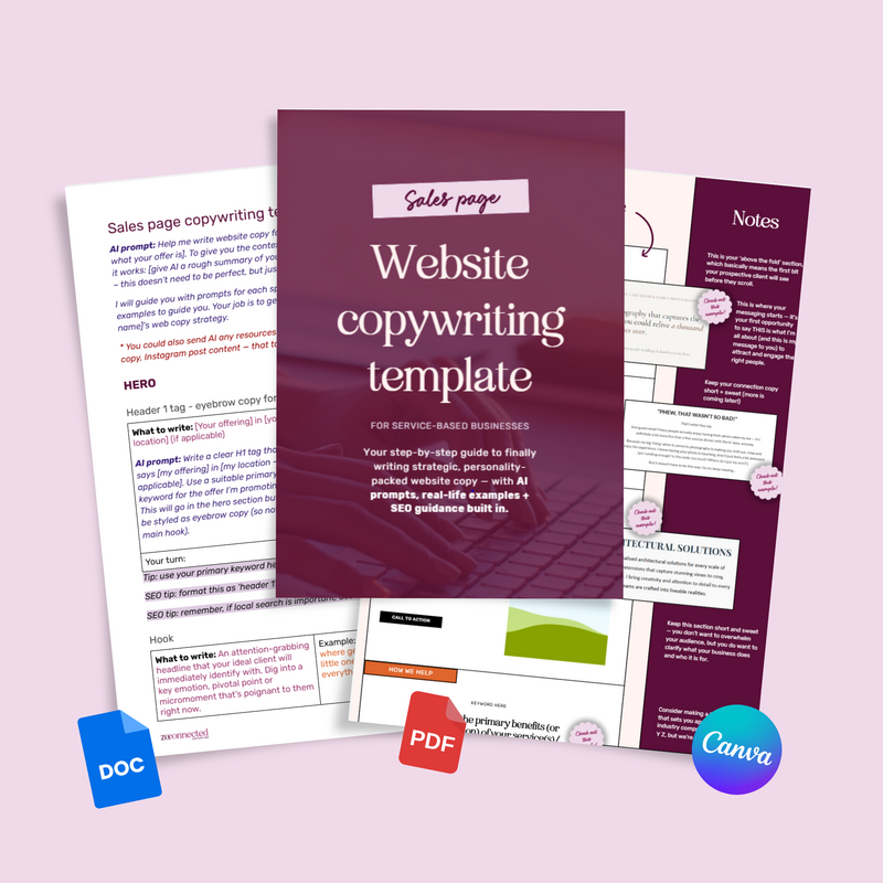 Sales page copywriting template with AI prompts - google doc template + canva template