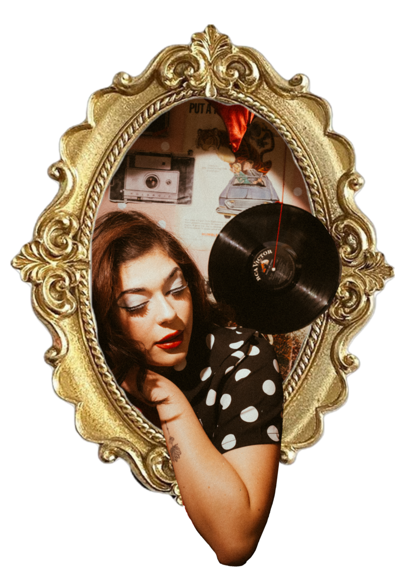 Woman leaning out of golden frame.