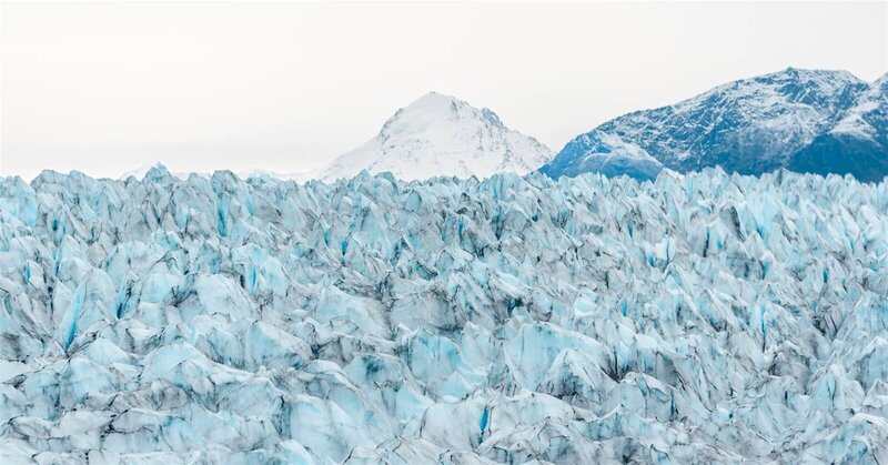 A bride and groom are seated on a dogsled being pulled by a team of sleddogs captured by their Luxury Destination Wedding Photographer during their Alaska elopement. in front of them spreads a snowy glacier field, bright blue skies with snow capped mountains in front and around them peeking out of the glacier.