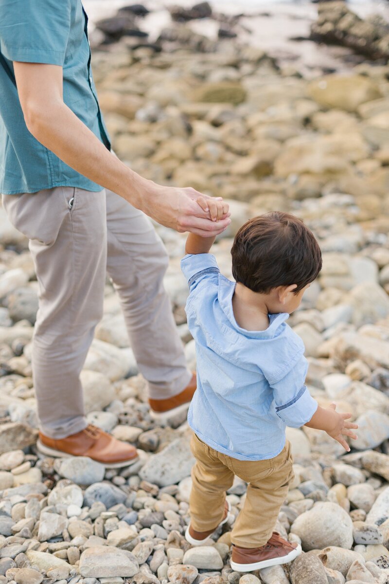 dad holds son's hand as they walk across rocky beach