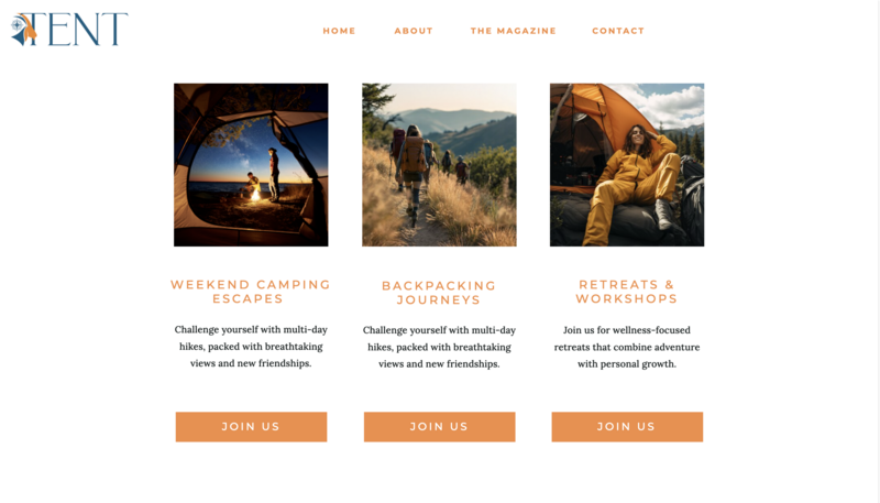 Tent services page sample highlighting minimalist layout with nature-inspired imagery and rugged outdoor themes.