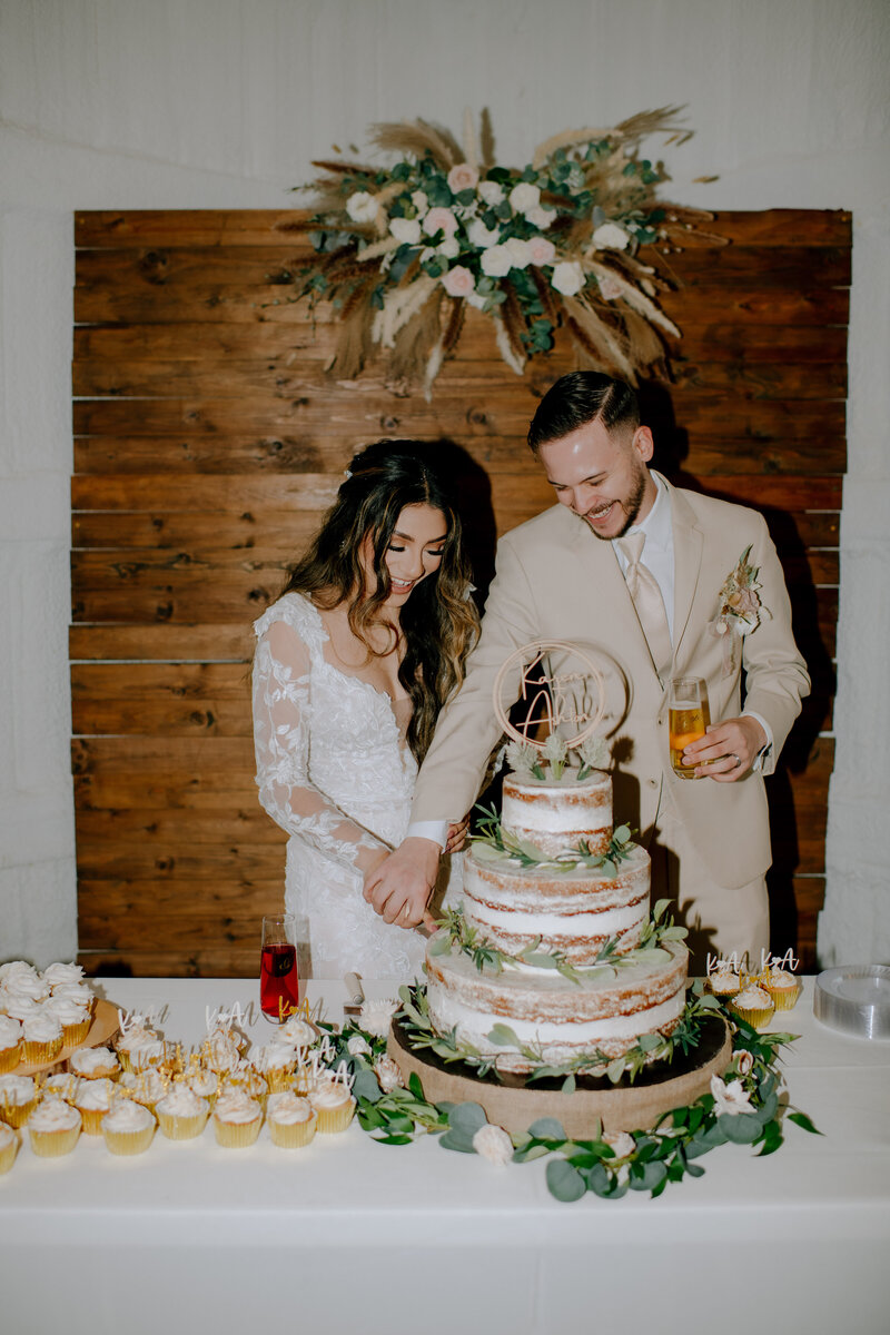 bride and groom cutting 3 tier wedding cake at their Oklahoma wedding