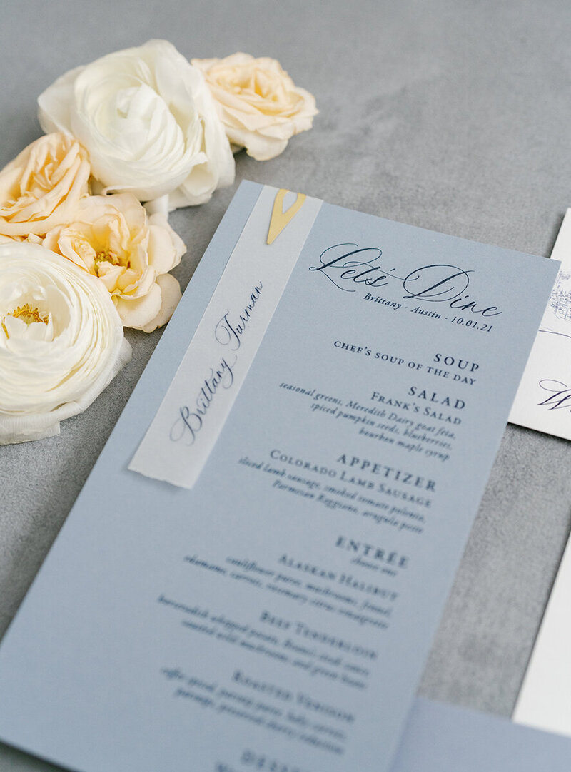 Modern wedding menu with place card