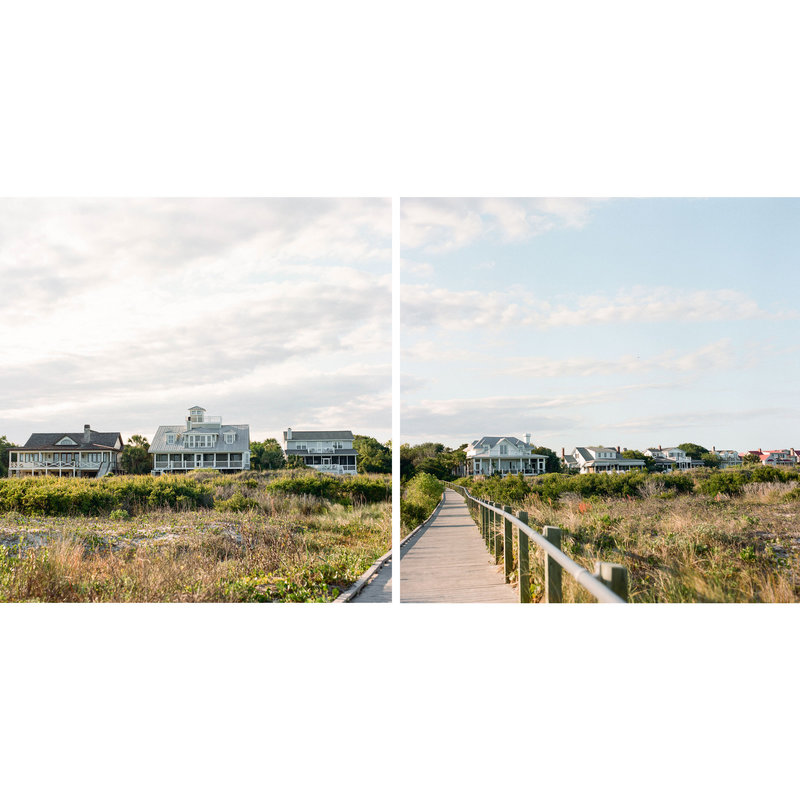 A panoramic diptych of beach houses and a boardwalk on Sullivan’s Island Beach at Station 19