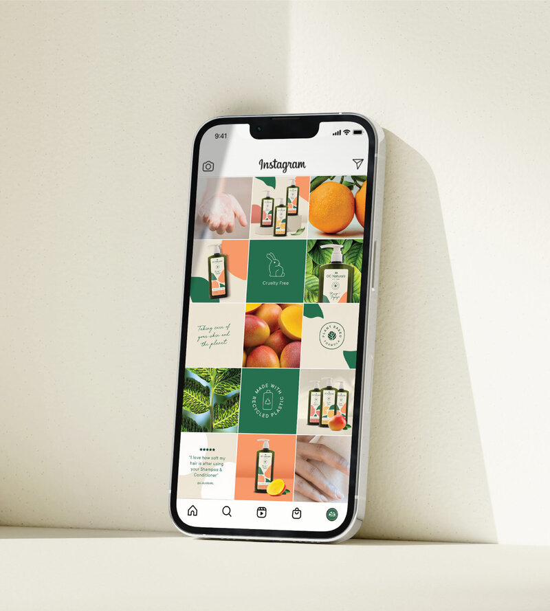 Mobile phone leaning on cream wall displaying vibrant Instagram feed for OC Naturals