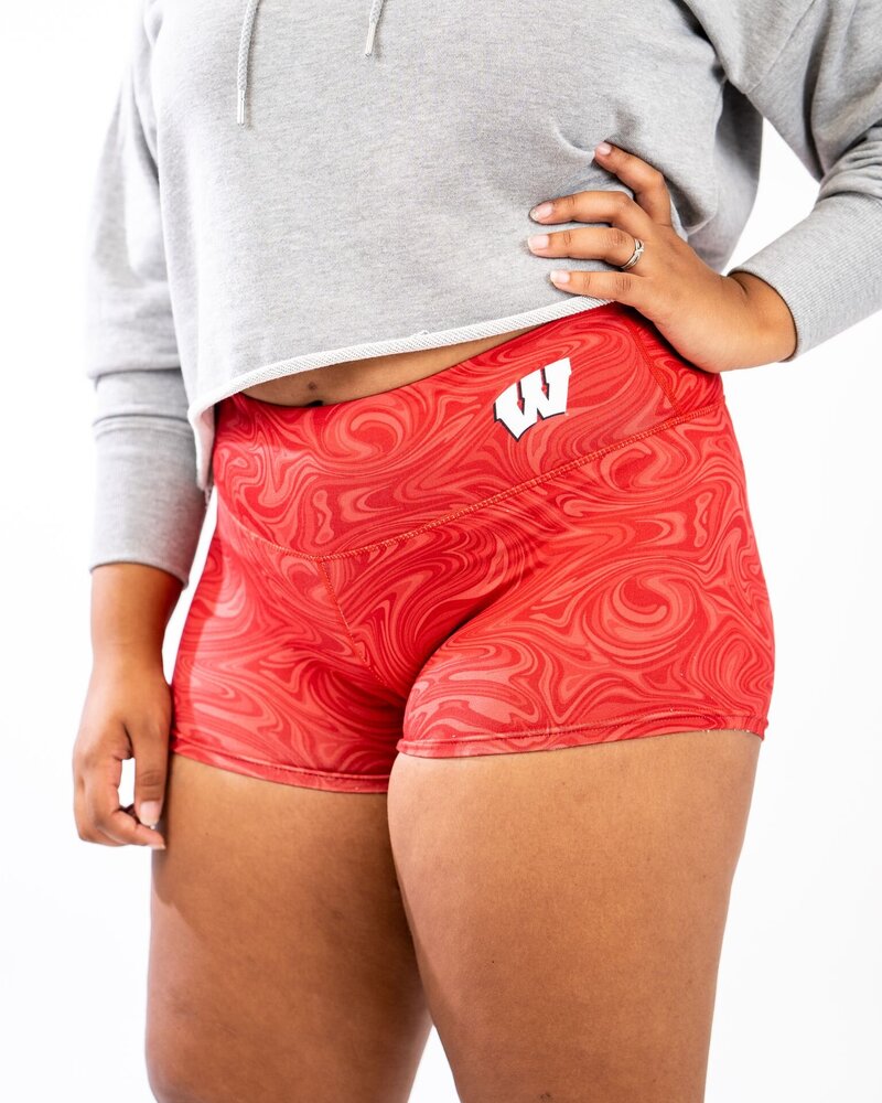 red swirl spandex shorts with red logo in corner